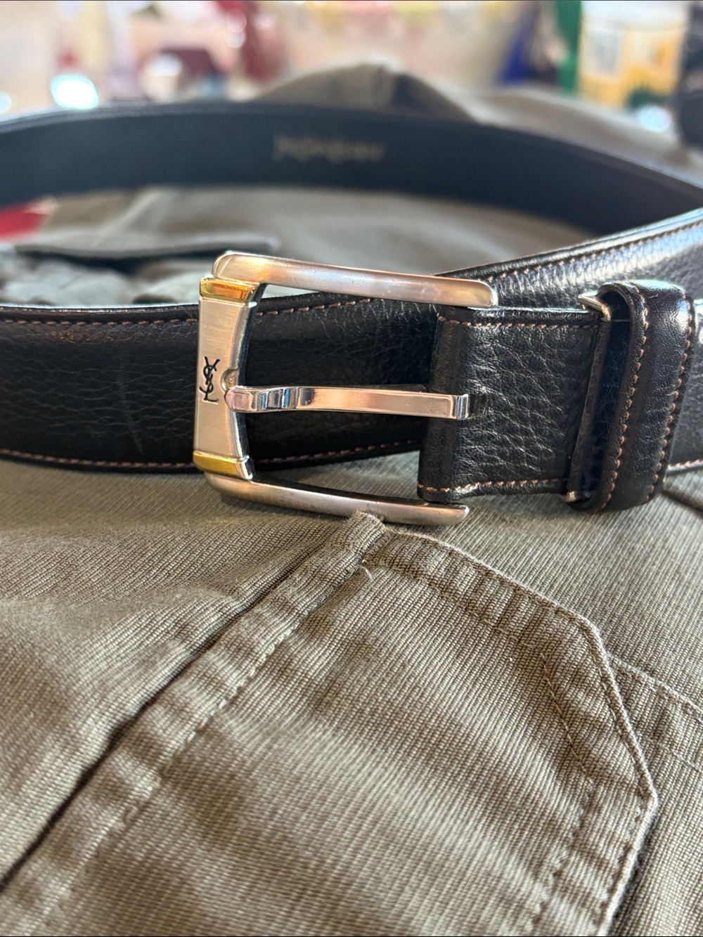 Yves Saint Laurent Black Leather Belt with Two-Tone Metal Buckle